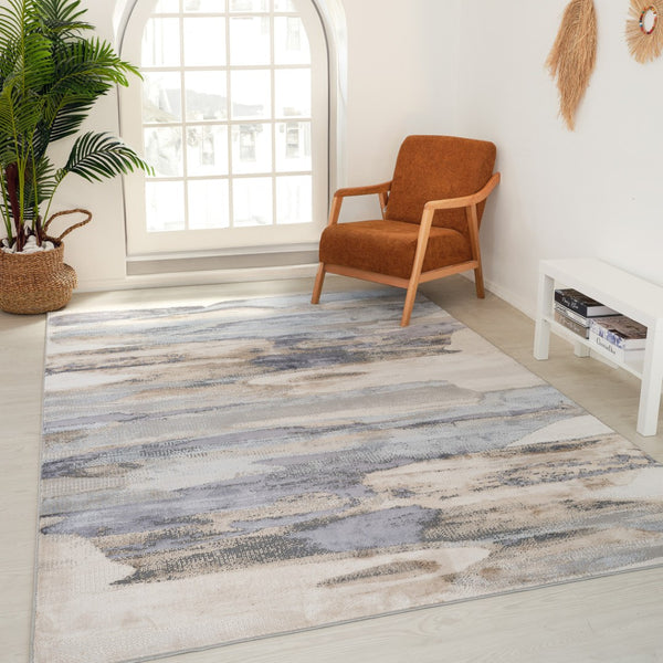 HomeRoots 5' Blue and Beige Abstract Distressed Area Rug – Modern, Durable, Family-Friendly Design for Any Space 5' X 8' 558937