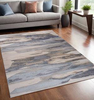 HomeRoots 5' Blue and Beige Abstract Distressed Area Rug – Modern, Durable, Family-Friendly Design for Any Space 5' X 8' 558937