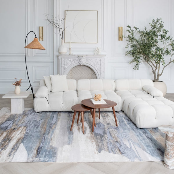 HomeRoots 5' Blue and Beige Abstract Distressed Area Rug – Modern, Durable, Family-Friendly Design for Any Space 5' X 8' 558937