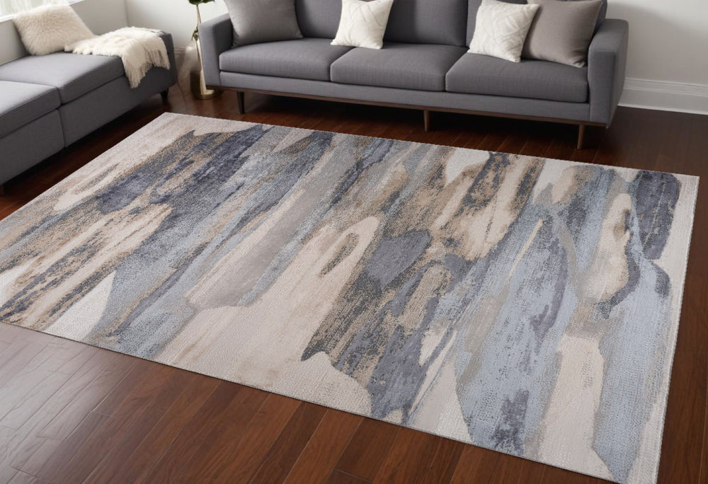 HomeRoots 5' Blue and Beige Abstract Distressed Area Rug – Modern, Durable, Family-Friendly Design for Any Space 8' X 11' 558939