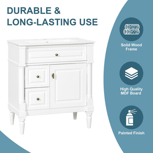 English Elm 30" Freestanding Bathroom Vanity Rubberwood Frame Ceramic Sink Flip Drawer Storage White N725P356062K