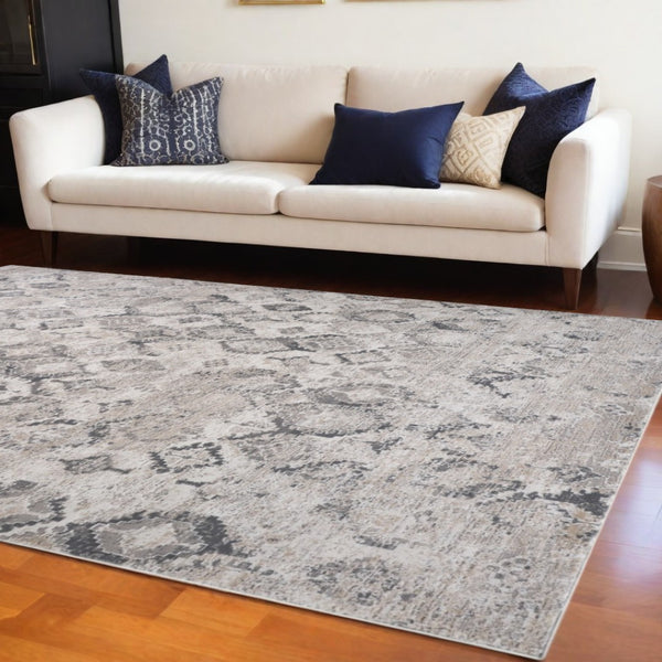 HomeRoots 7' Abstract Beige and Gray Distressed Area Rug - Stylish, Low-Maintenance Design for Any Room 8' X 11' 558943