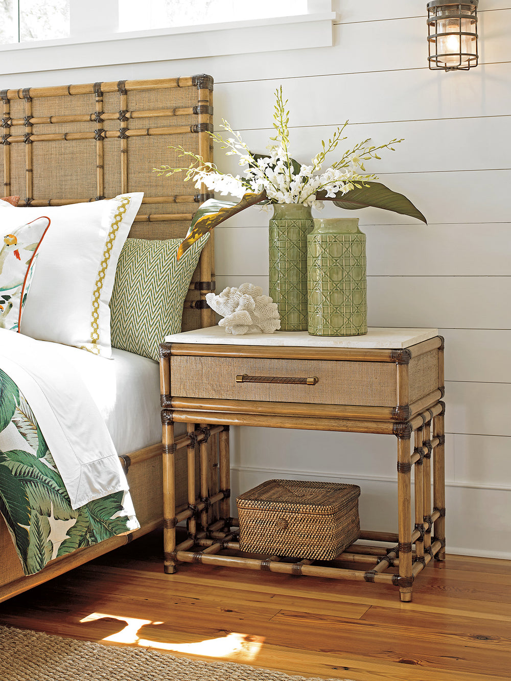 Lexington Tommy Bahama Home Cordoba Open Nightstand - Elevate Your Space With Luxurious White Cordova Stone And Raffia Accents Bermuda Sands  558-623