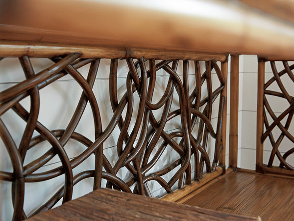 Lexington Tommy Bahama Home Sonesta Luxurious Serving Console With Twisted Rattan Fretwork And Beveled Glass Top For Stylish Homes Bermuda Sands  558-869