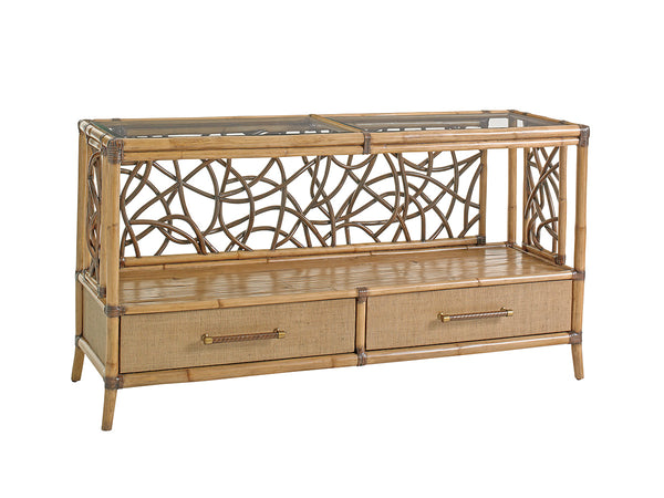 Lexington Tommy Bahama Home Sonesta Luxurious Serving Console With Twisted Rattan Fretwork And Beveled Glass Top For Stylish Homes Bermuda Sands  558-869