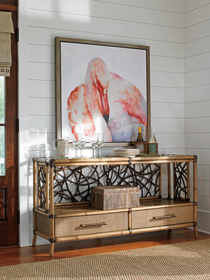 Lexington Tommy Bahama Home Sonesta Luxurious Serving Console With Twisted Rattan Fretwork And Beveled Glass Top For Stylish Homes Bermuda Sands  558-869
