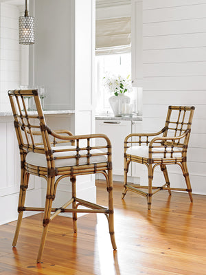 Lexington Tommy Bahama Home Lands End Bar Stool - Elegant Leather-wrapped Rattan Design With Antique Brass Foot Rails For Comfort Bermuda Sands  558-896-01