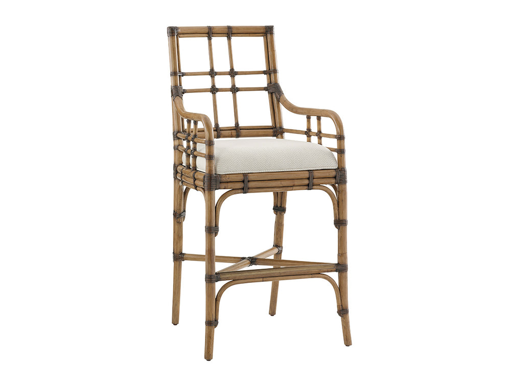 Lexington Tommy Bahama Home Lands End Bar Stool - Elegant Leather-wrapped Rattan Design With Antique Brass Foot Rails For Comfort Bermuda Sands  558-896-01