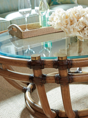 Lexington Tommy Bahama Home Turtle Beach Cocktail Table - Luxurious Rattan Design With Tempered Glass Top For Elegant Living Spaces Bermuda Sands  558-943