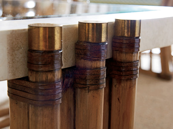 Lexington Tommy Bahama Home Weston Luxurious Cocktail Table With Cordova Stone Top, Brass Inlay & Elegant Leather Wrapped Frame Bermuda Sands  558-947