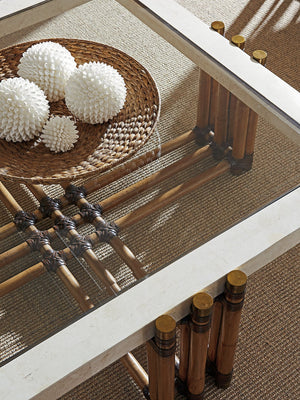 Lexington Tommy Bahama Home Weston Luxurious Cocktail Table With Cordova Stone Top, Brass Inlay & Elegant Leather Wrapped Frame Bermuda Sands  558-947