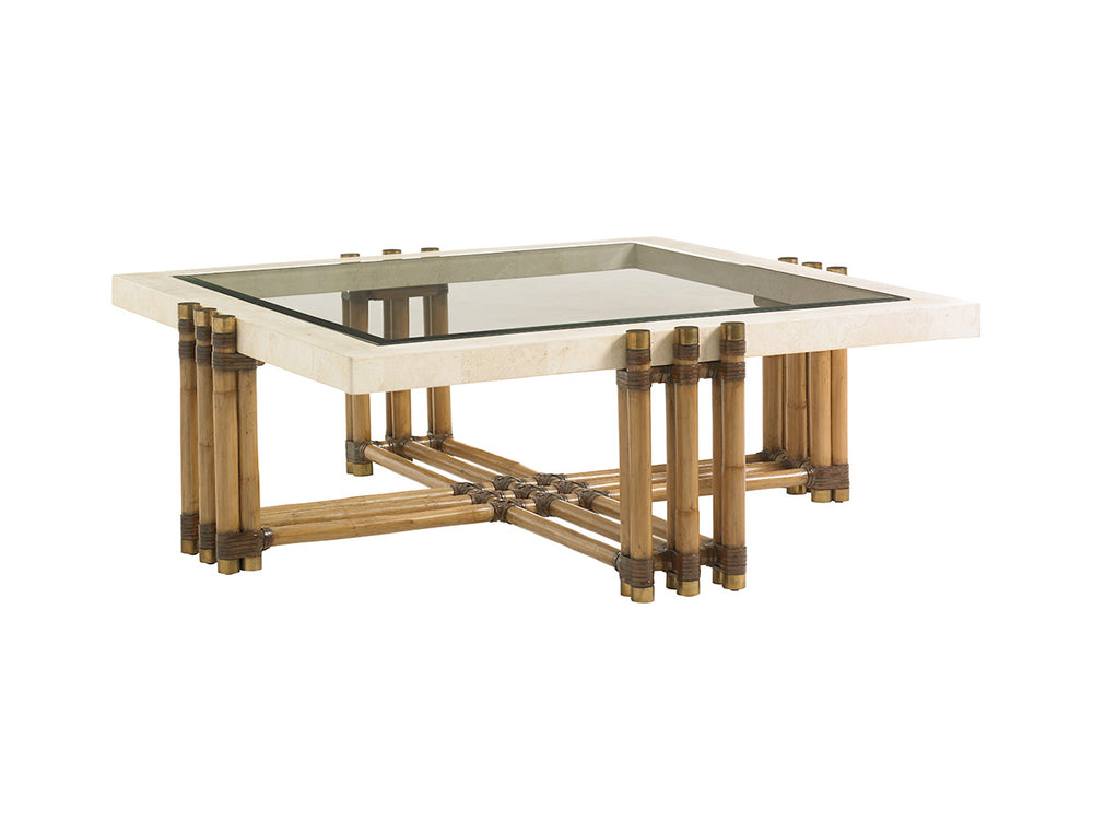 Lexington Tommy Bahama Home Weston Luxurious Cocktail Table With Cordova Stone Top, Brass Inlay & Elegant Leather Wrapped Frame Bermuda Sands  558-947