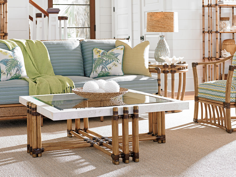 Lexington Tommy Bahama Home Weston Luxurious Cocktail Table With Cordova Stone Top, Brass Inlay & Elegant Leather Wrapped Frame Bermuda Sands  558-947