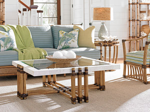 Lexington Tommy Bahama Home Weston Luxurious Cocktail Table With Cordova Stone Top, Brass Inlay & Elegant Leather Wrapped Frame Bermuda Sands  558-947