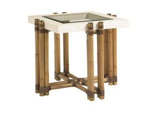 Lexington Tommy Bahama Home Los Cabos Lamp Table - Elegant Cordova Stone Top With Brass Inlay, Glass, And Rattan Frame Design Bermuda Sands  558-957