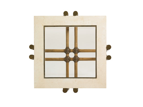 Lexington Tommy Bahama Home Los Cabos Lamp Table - Elegant Cordova Stone Top With Brass Inlay, Glass, And Rattan Frame Design Bermuda Sands  558-957