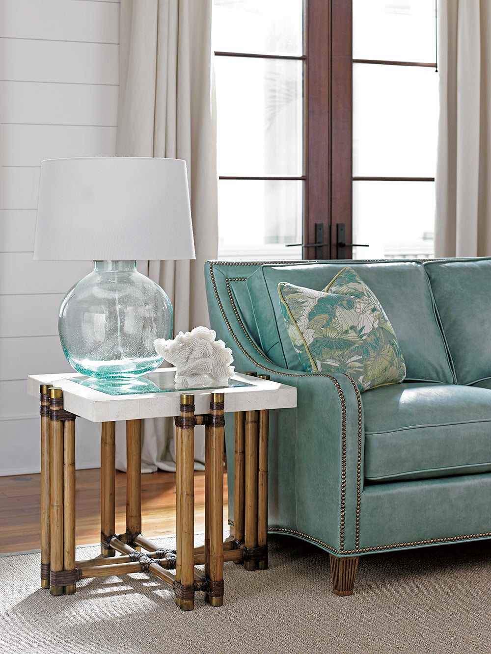 Lexington Tommy Bahama Home Los Cabos Lamp Table - Elegant Cordova Stone Top With Brass Inlay, Glass, And Rattan Frame Design Bermuda Sands  558-957