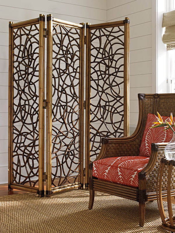 Lexington Tommy Bahama Home Exuma Rattan Screen - Elegant Room Divider With Leather Wrapped Frame & Antique Brass Ferrules Bermuda Sands  558-959