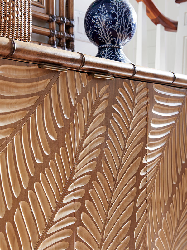 Lexington Tommy Bahama Home St. Croix Hall Chest - Elevate Your Space With Bamboo Carvings, Adjustable Shelves, And Timeless Elegance Bermuda Sands  558-973