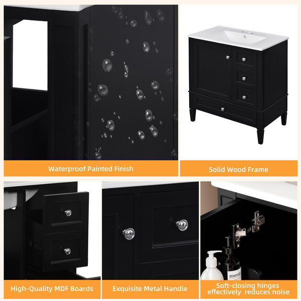English Elm 30 30 Inch Bathroom Vanity with Ceramic Sink, Modern Compact 3-Drawer Storage Cabinet for Small Baths Black N710P247499B