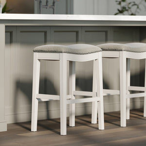 English Elm 31in. Farmhouse Whitewash Hardwood Barstool Nailhead Upholstered Seat Kitchen Island Accent White B2751P436419