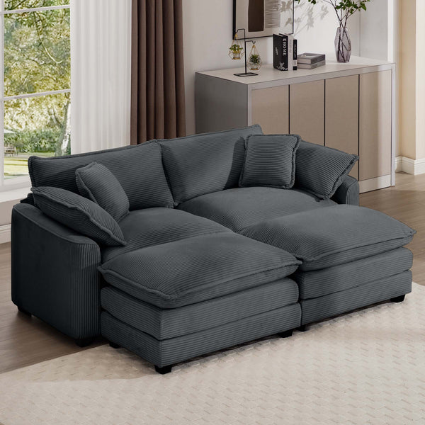 English Elm Corduroy Two-Seater Sofa With Ottoman - Stylish Grey Sofa For Small Spaces, Plush Comfort & Versatility W714S00831