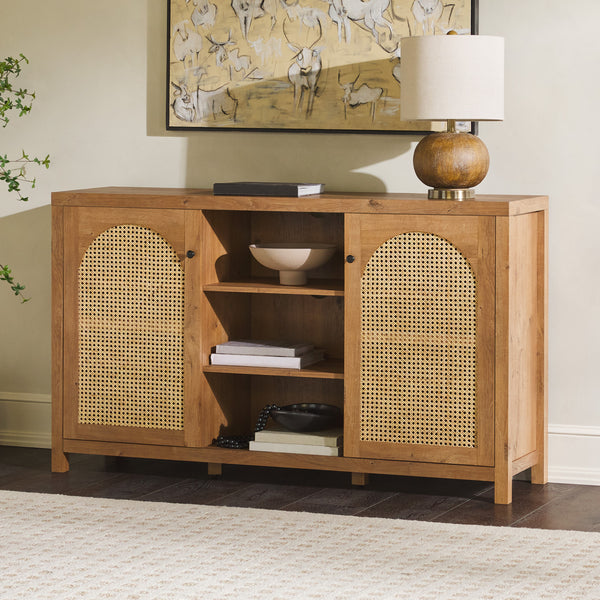 58" 4-Door Sideboard w/ Arched Rattan Panels English Oak SAHD5DEO Walker Edison