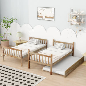 English Elm Twin Over Twin Bunk Bed With Trundle - Versatile Rubberwood Design, Safety Guardrails, Rustic Oak Finish W504S00159-GIGA