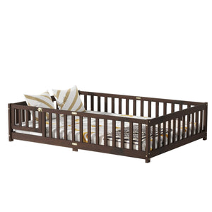 English Elm Full Size Rubberwood Floor Bed with Safety Guardrails and Latching Door for Toddlers Espresso W504P429302