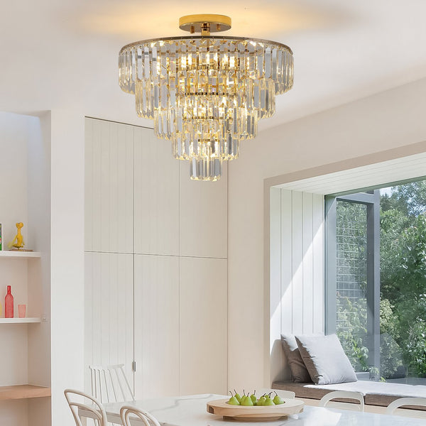 English Elm Gold Crystal 5-Tier Round Chandelier Semi-Flush Modern Luxury K9 Crystal Ceiling Light Fixture W2312P374964