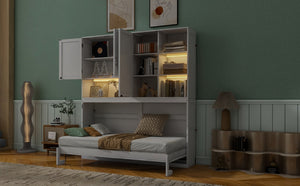 English Elm Twin Murphy Bed with Cabinet Shelves Built in Lighting Usb Ports Space Saving Wall Unit White LP000389AAK-1