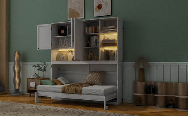 English Elm Twin Murphy Bed with Cabinet Shelves Built in Lighting Usb Ports Space Saving Wall Unit White LP000389AAK-1