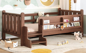English Elm Twin Pine Floor Bed for Kids with Side Bookcases Built-in Stairs and Safety Guardrails Natural W1580P390215