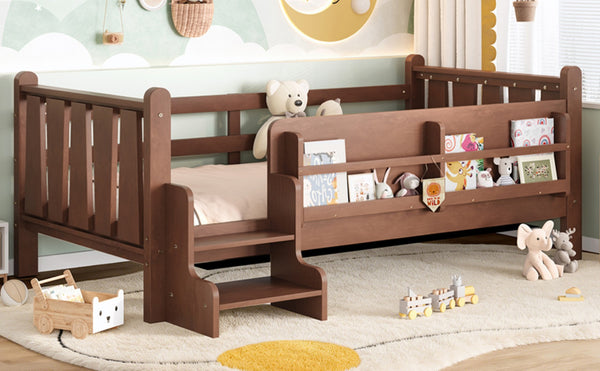 English Elm Twin Pine Floor Bed for Kids with Side Bookcases Built-in Stairs and Safety Guardrails Natural W1580P390215
