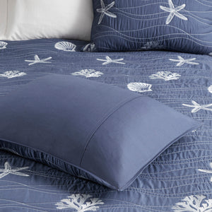 English Elm 4 Piece Cotton Reversible Embroidered Quilt Set with Coastal Starfish & Shell Motifs, OEKO-TEX Certified Quality Navy 20.87 L x 16.93 W x 6.5 H B03595793