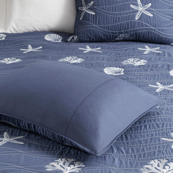English Elm 4 Piece Cotton Reversible Embroidered Quilt Set with Coastal Starfish & Shell Motifs, OEKO-TEX Certified Quality Navy 20.87 L x 16.93 W x 6.5 H B03595793