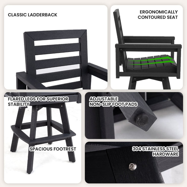 English Elm Outdoor Hdpe Ladderback Swivel Barstool Wood Grain Finish for Poolside Porch Deck Carbon W1886P440640