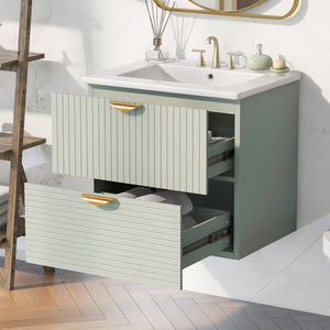 English Elm Modern 24-Inch Wall-Mounted Bathroom Vanity with 2 Drawers, Gold Handles, Space-Saving Luxury Green WF324047AAF
