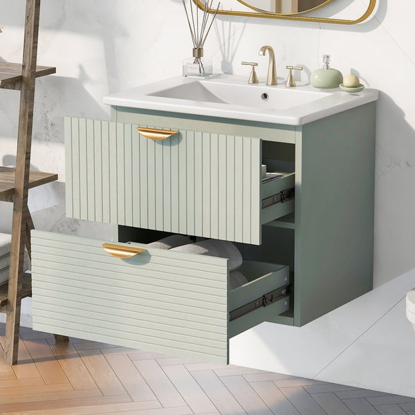 English Elm Modern 24-Inch Wall-Mounted Bathroom Vanity with 2 Drawers, Gold Handles, Space-Saving Luxury Green WF324047AAF