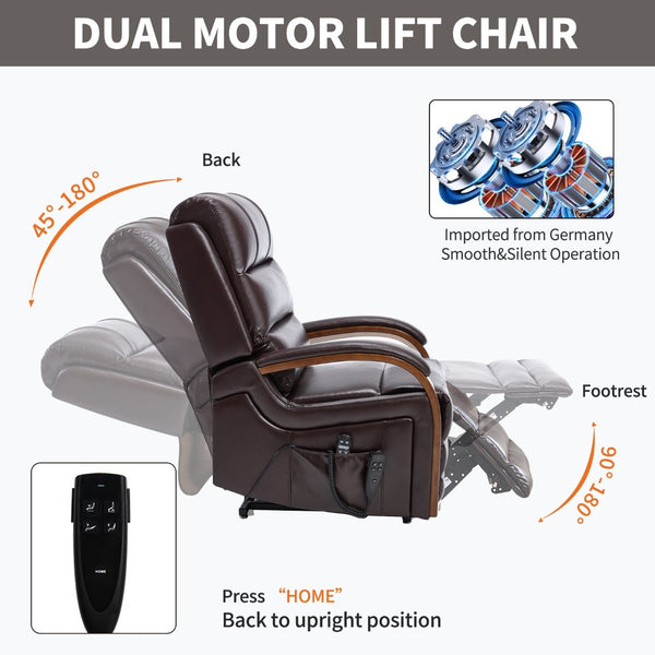 English Elm Power Lift Recliner with Dual Motor Heat Massage Wood Armrests Brown Leatheraire W1803S00080