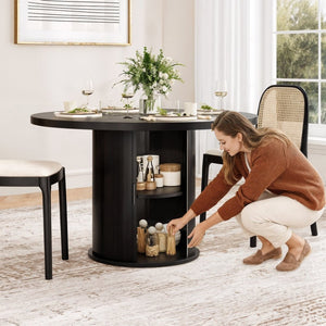 English Elm 43" Round Wood Dining Table with Geometric Metal Base Seats 4 Space Saving Modern Black T3623P433901