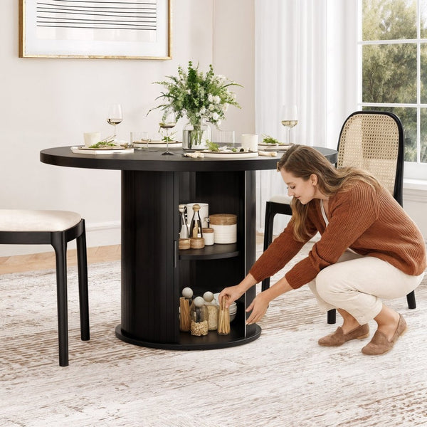 English Elm 43" Round Wood Dining Table with Geometric Metal Base Seats 4 Space Saving Modern Black T3623P433901