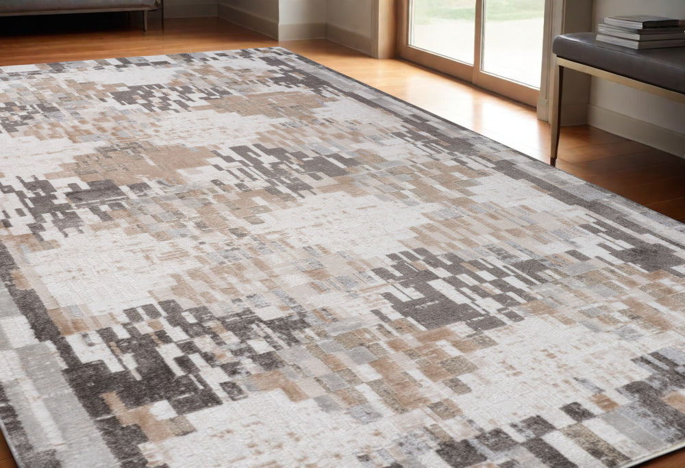 Homeroots 5' X 8' Cream And Brown Abstract Distressed Area Rug  Polyester 559005