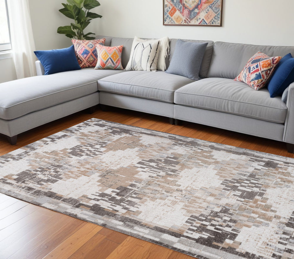 Homeroots 7' X 10' Cream And Brown Abstract Distressed Area Rug  Polyester 559006