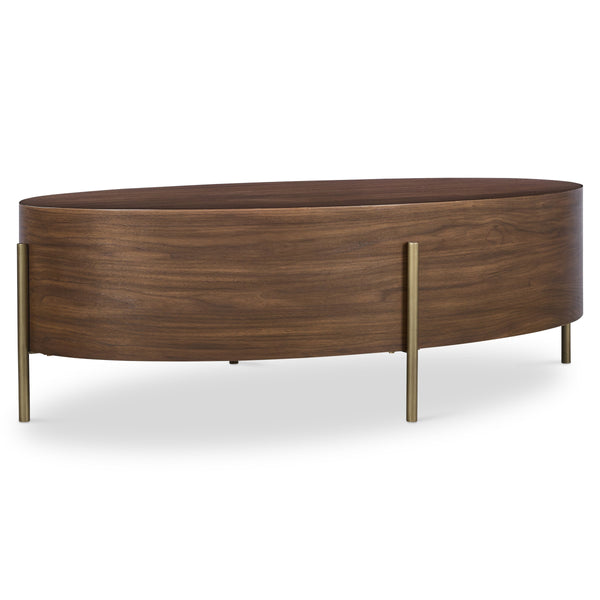 Bernhardt Morrison Solid Walnut Oval Cocktail Table with Slim Champagne Steel Legs