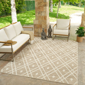 Homeroots 4' X 6' Cream And Brown Geometric Distressed Indoor Outdoor Area Rug  Polypropylene 559049