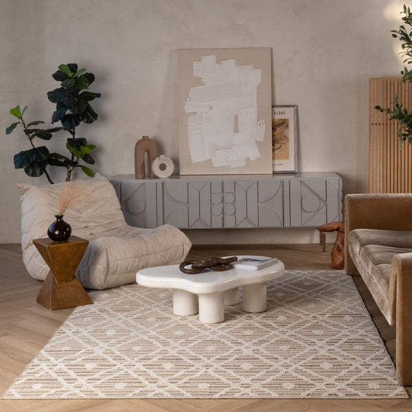 HomeRoots 5' Stylish Cream and Brown Geometric Distressed Area Rug for Indoor & Outdoor Spaces, Durable Design 5' X 8' 559050