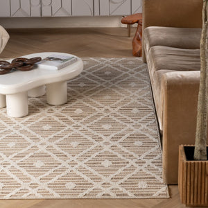 HomeRoots 5' Stylish Cream and Brown Geometric Distressed Area Rug for Indoor & Outdoor Spaces, Durable Design 5' X 8' 559050