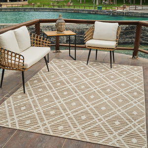 Homeroots 5' X 8' Cream And Brown Geometric Distressed Indoor Outdoor Area Rug  Polypropylene 559050