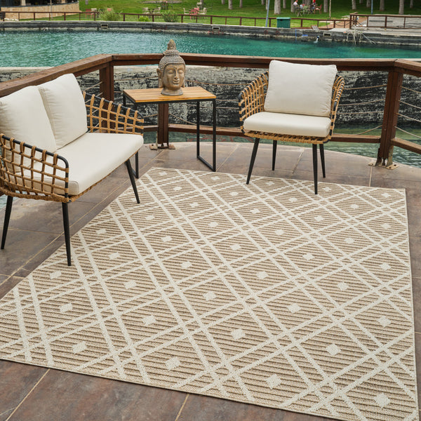 Homeroots 5' X 8' Cream And Brown Geometric Distressed Indoor Outdoor Area Rug  Polypropylene 559050